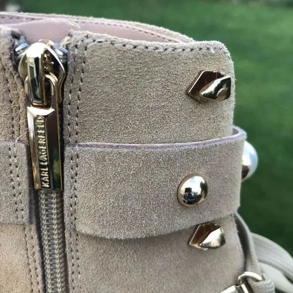 Karl Lagerfeld pearl and gold stud embellished leather lace up boots, size 10 - Picture 4 of 15